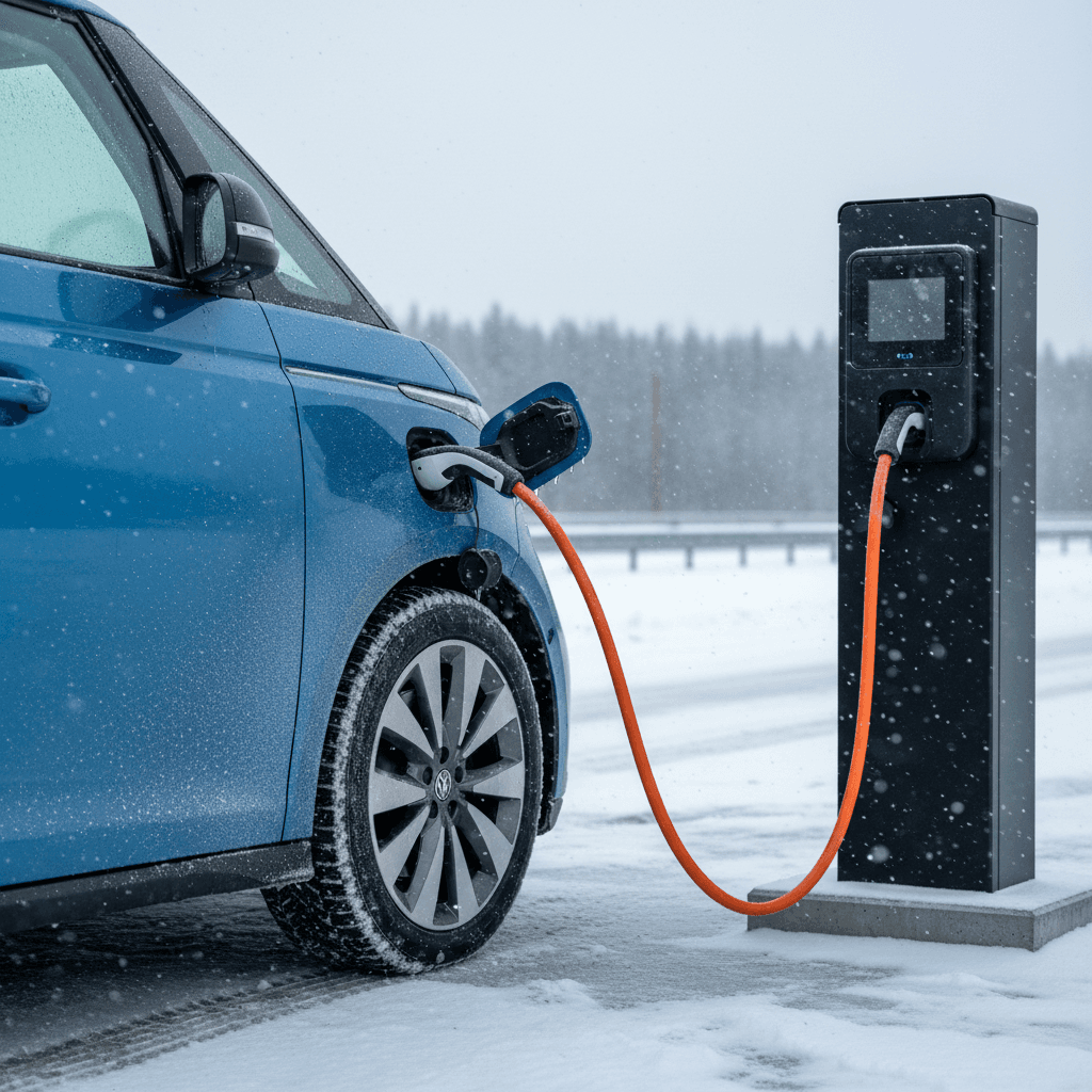Volkswagen ID. Buzz charging at a DC fast charger on a snowy winter day
