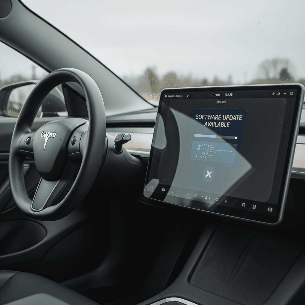 Interior of a Tesla Model 3 showing the steering wheel and center screen prompting the driver to install a software update