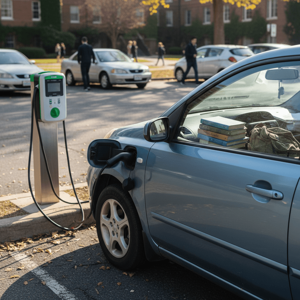 Compact used electric hatchback charging in a simple campus parking lot while students walk by