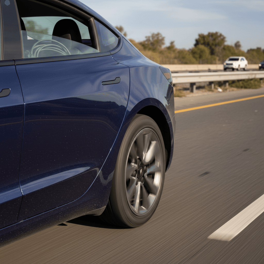 Technician working under a Tesla on a lift, focusing on the battery pack area