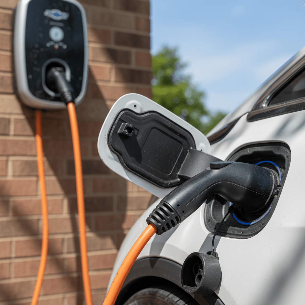 Close-up of a Chevrolet Bolt EV charging port and connector while plugged into a Level 2 charger at home