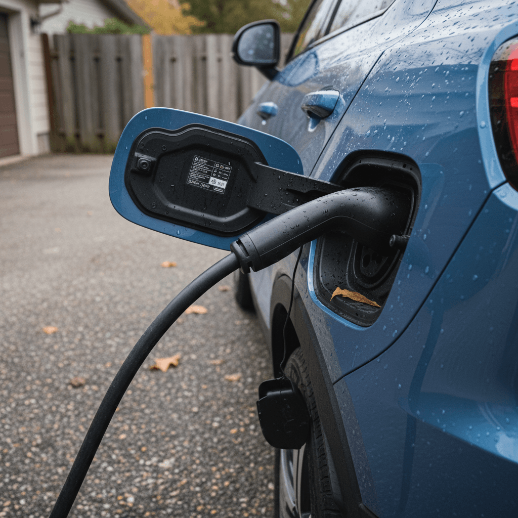 Close view of a 2022 Volvo C40 Recharge charge port and rear taillight in a driveway