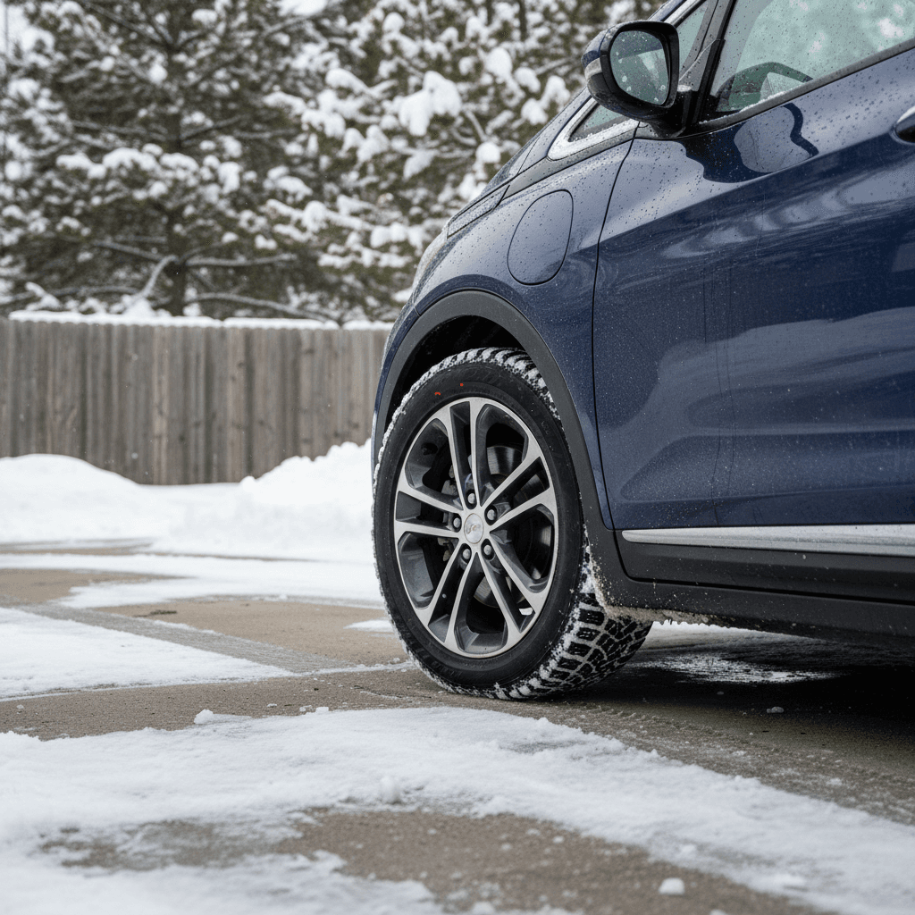 Chevrolet Bolt EV on winter tires parked in a snowy driveway, showing low ground clearance and front-wheel-drive stance