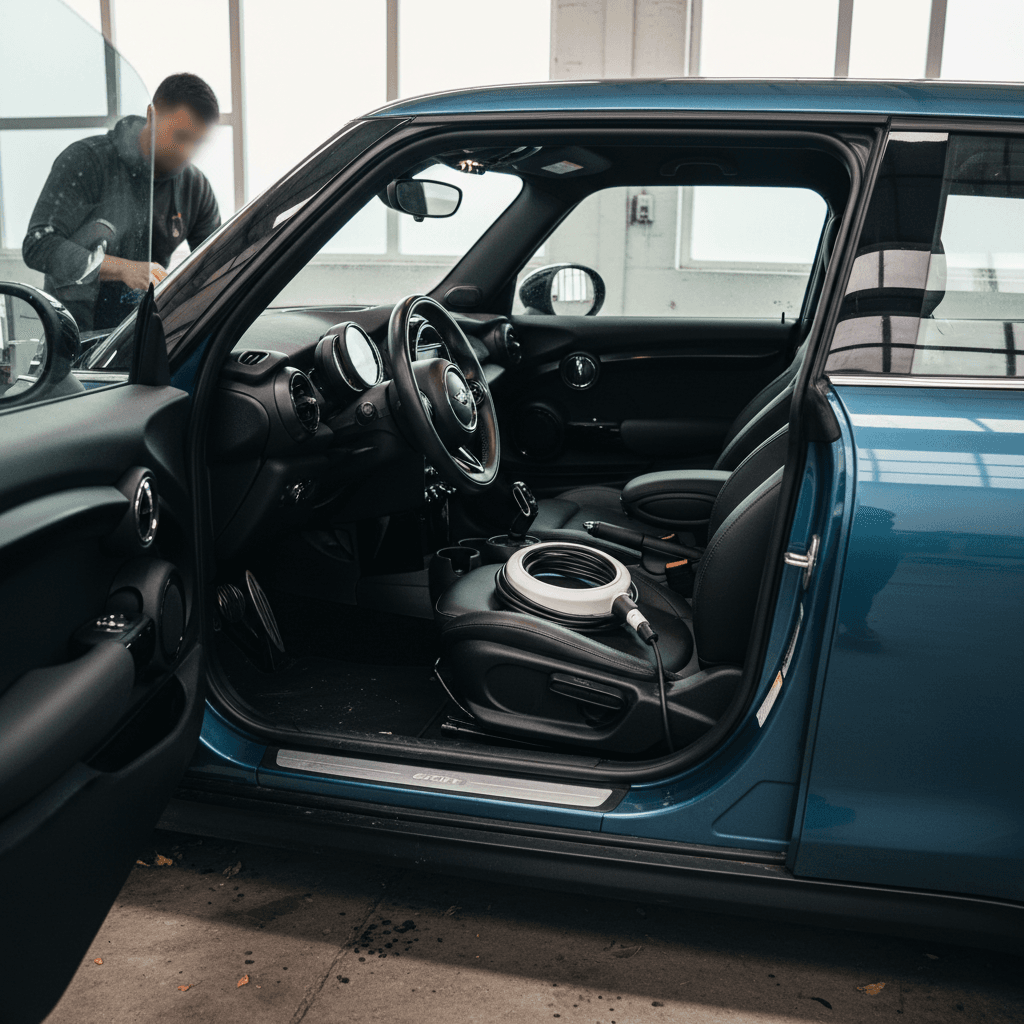 Seller cleaning the interior of a Mini Cooper SE and arranging the charging cable neatly in the trunk before listing it for sale