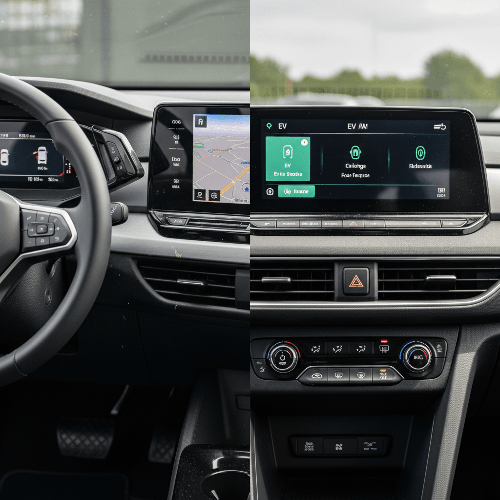 Side-by-side view of VW ID.4 and Kia Niro EV interiors showing dashboards and infotainment screens