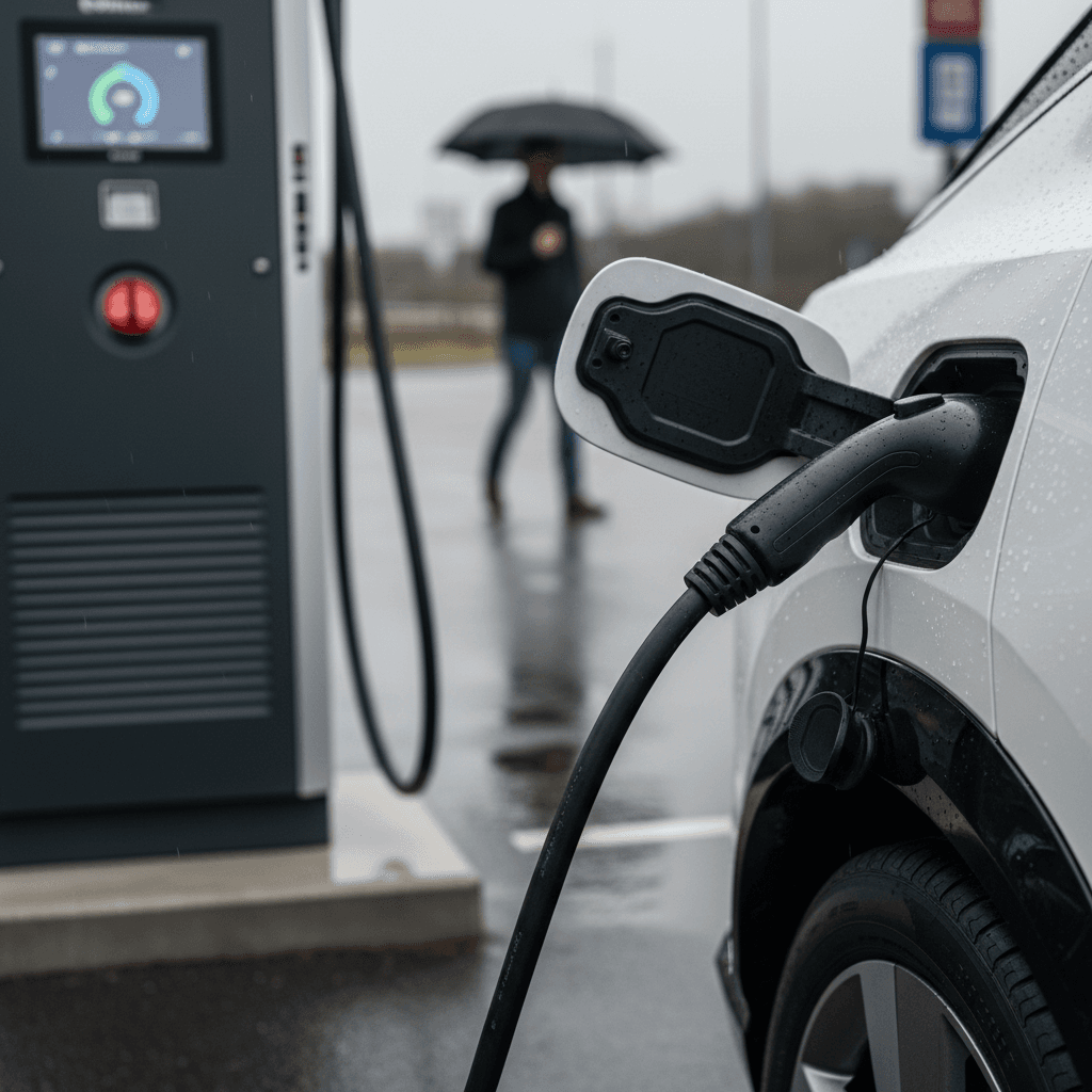 Nissan Ariya charging at a public DC fast charger with the cable connected to the front port