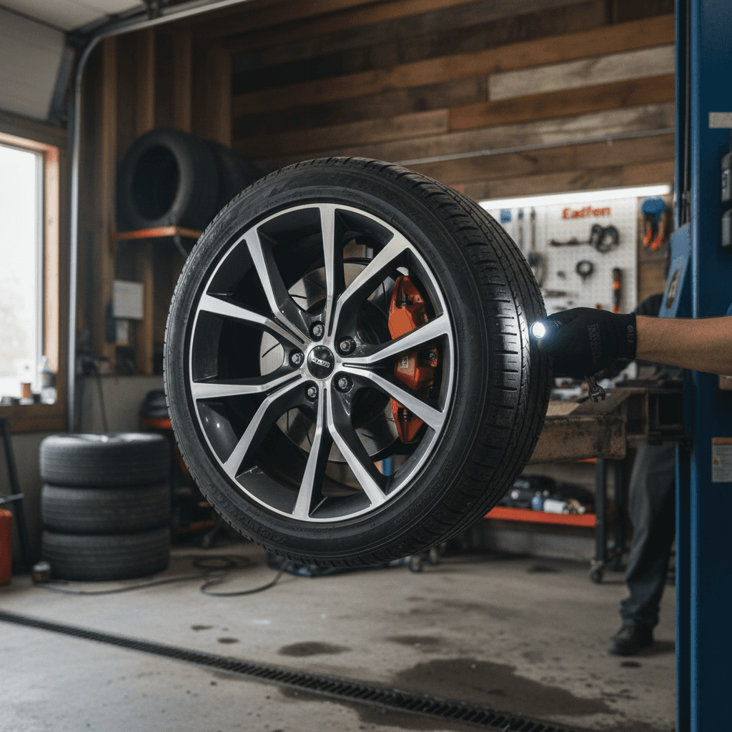 Mechanic checking brakes and tires on an electric vehicle during a West Virginia safety inspection