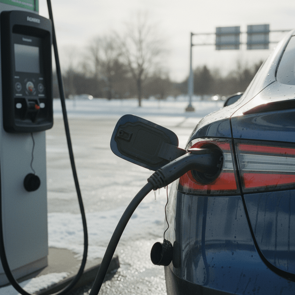 Electric car plugged into a DC fast charger at a Massachusetts highway service plaza on a cold winter day