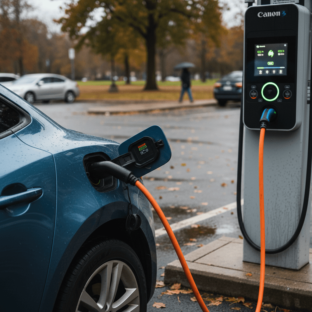 Electric vehicle plugged into a public DC fast charger with the station screen showing charging status and cost per minute