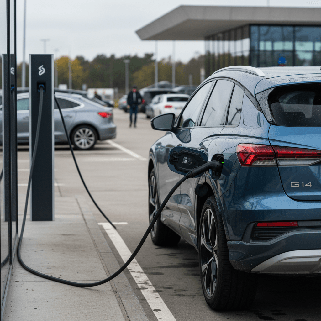 Audi Q4 e-tron charging at a DC fast charger during a highway trip