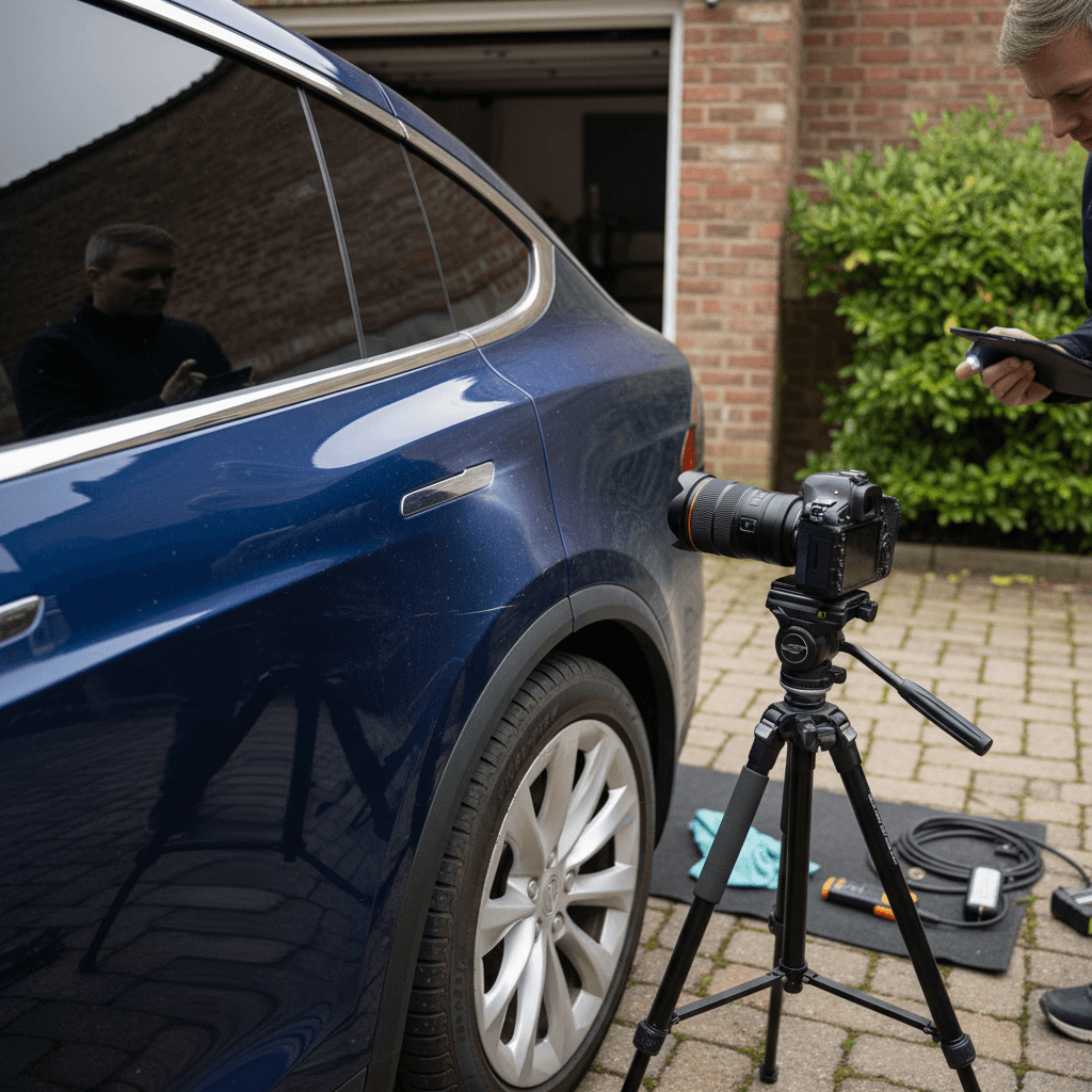 Owner photographing a Tesla Model X in a Pennsylvania driveway for a used EV listing
