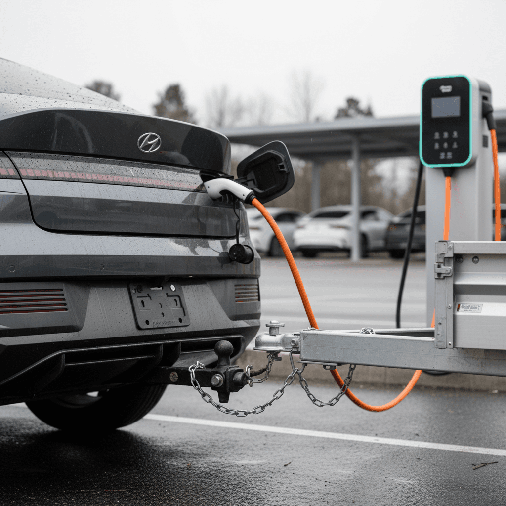 Hyundai Ioniq 6 connected to a small trailer while stopped at a public DC fast charging station