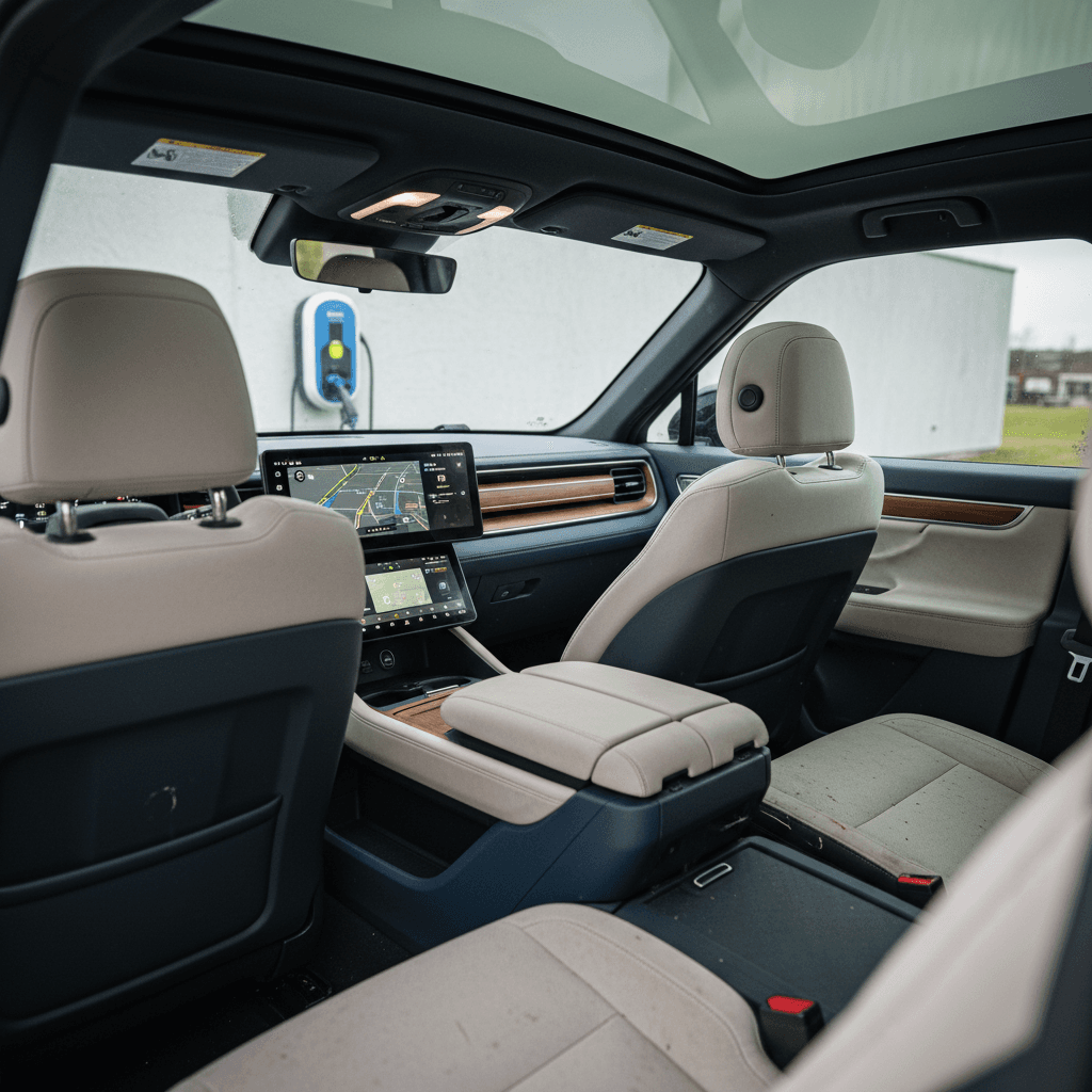 Three-row interior of a Rivian R1S showing spacious seating and twin touchscreens while parked at a fast charger