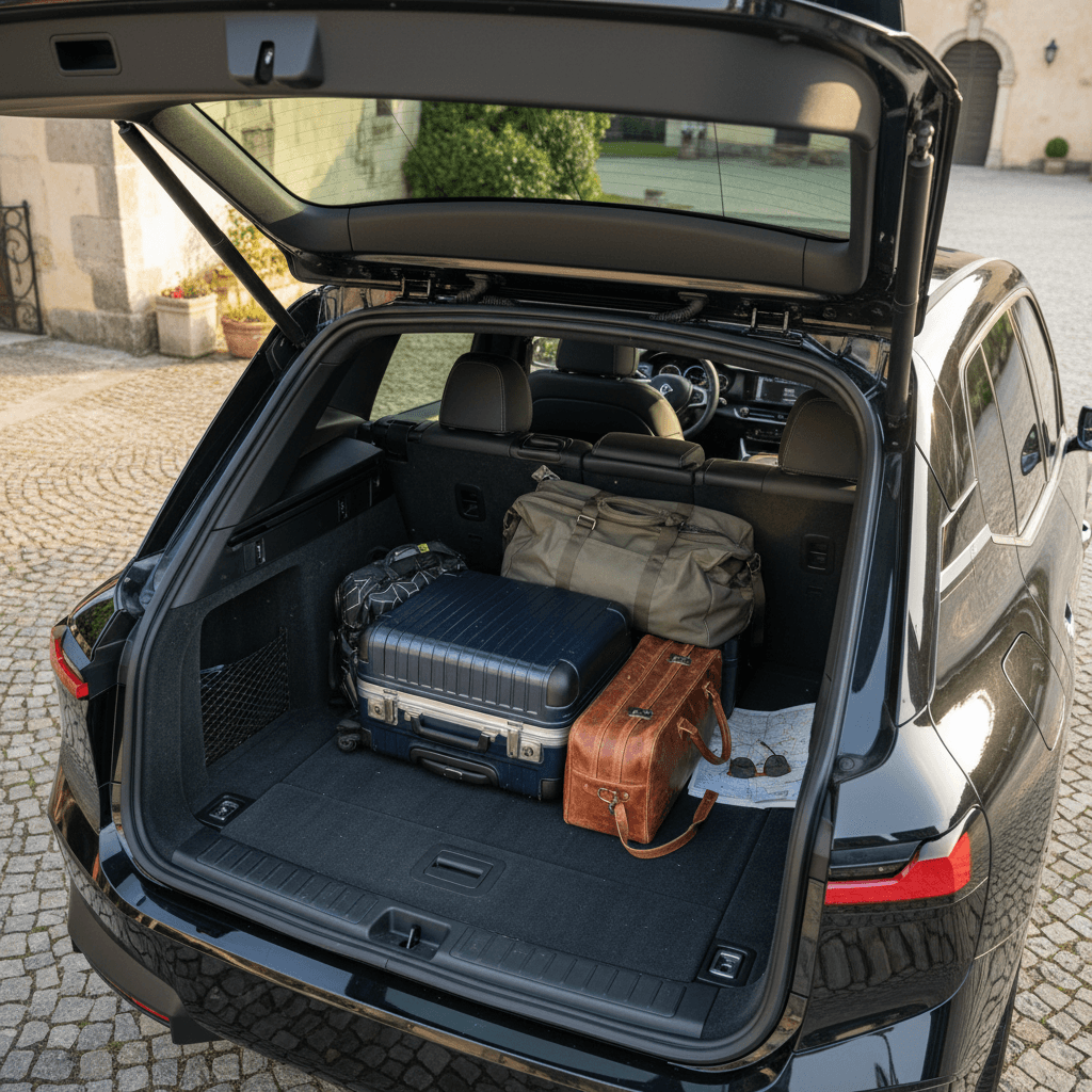 BMW iX rear cargo bay with rear seats folded flat to show maximum luggage capacity