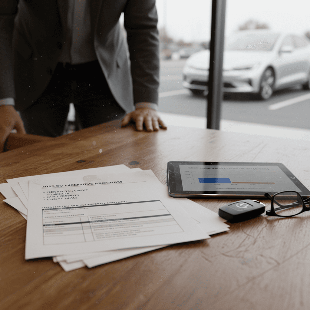 EV shopper reviewing purchase paperwork with a sales advisor while sitting next to an electric car