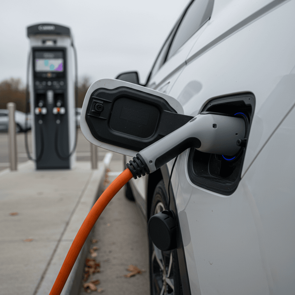 Close-up of a Hyundai Ioniq 5 charging port with a fast-charging connector plugged in