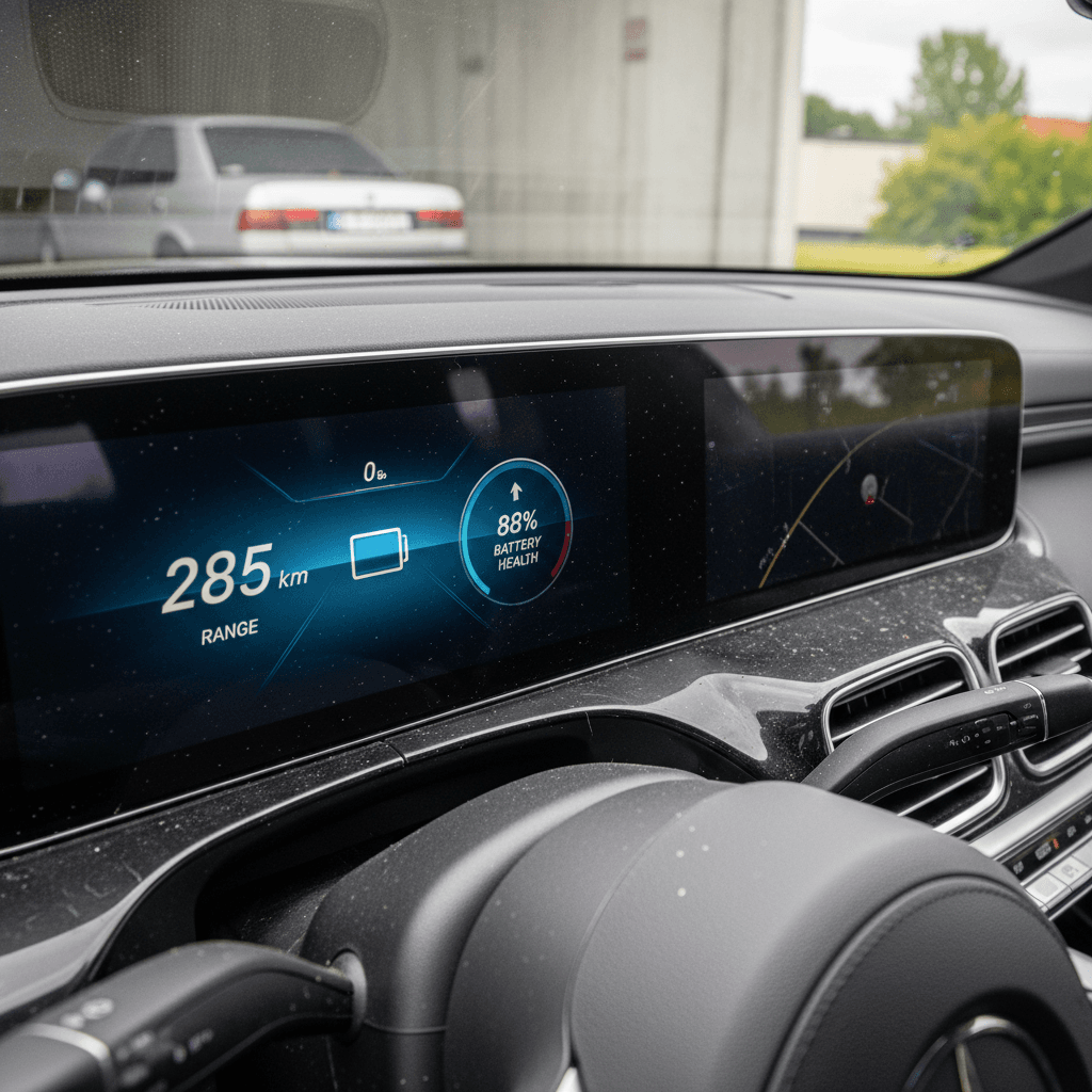 Mercedes EQE digital instrument cluster displaying remaining range and battery state of charge