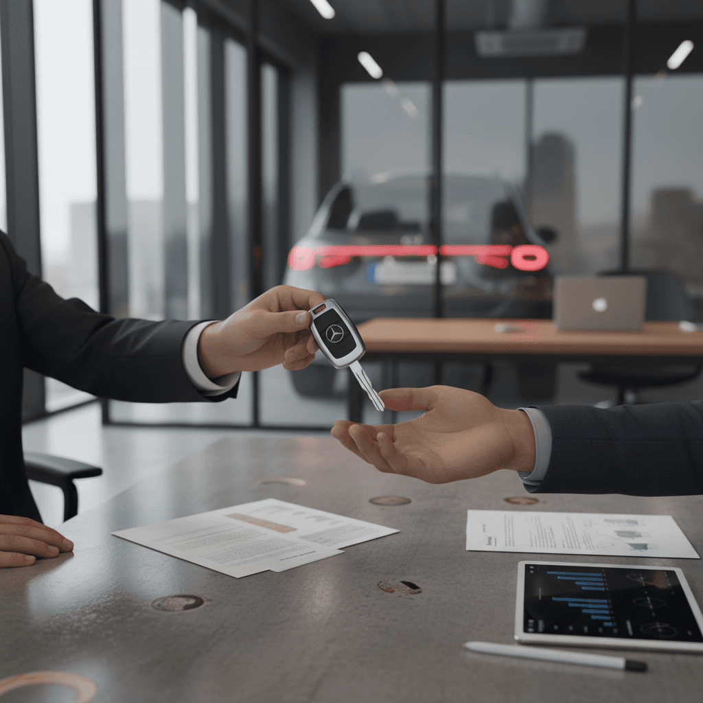 Seller reviewing a battery health report and pricing summary for a used Mercedes EQB at an EV-focused marketplace office