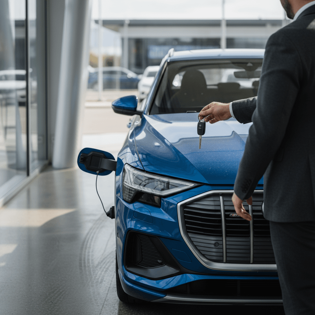 Audi Q8 e-tron owner handing keys to a buyer in a dealership-style parking lot