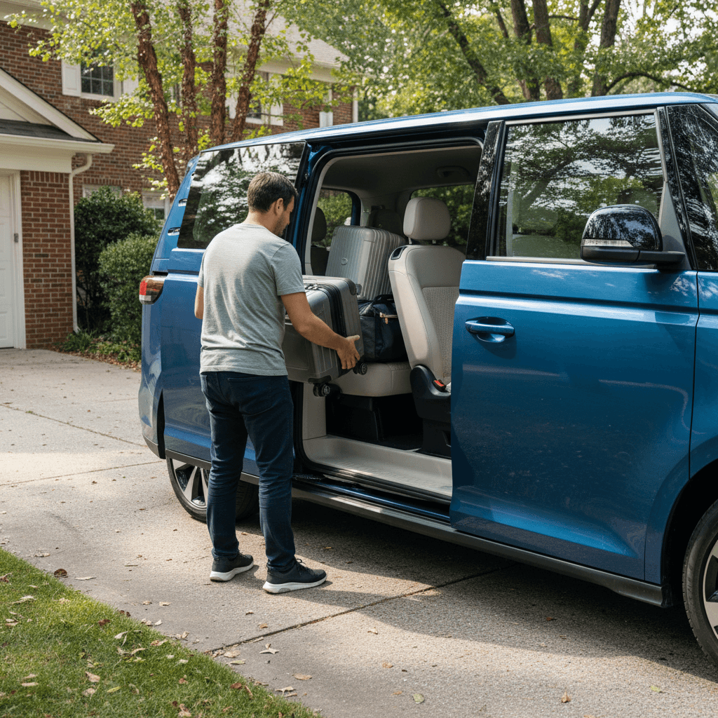 Family loading luggage into a 2025 Volkswagen ID. Buzz electric van, showcasing its three-row interior and sliding side door