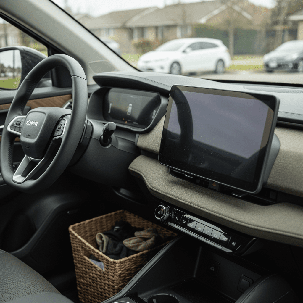 Row of used electric SUVs parked on a dealer lot at sunset