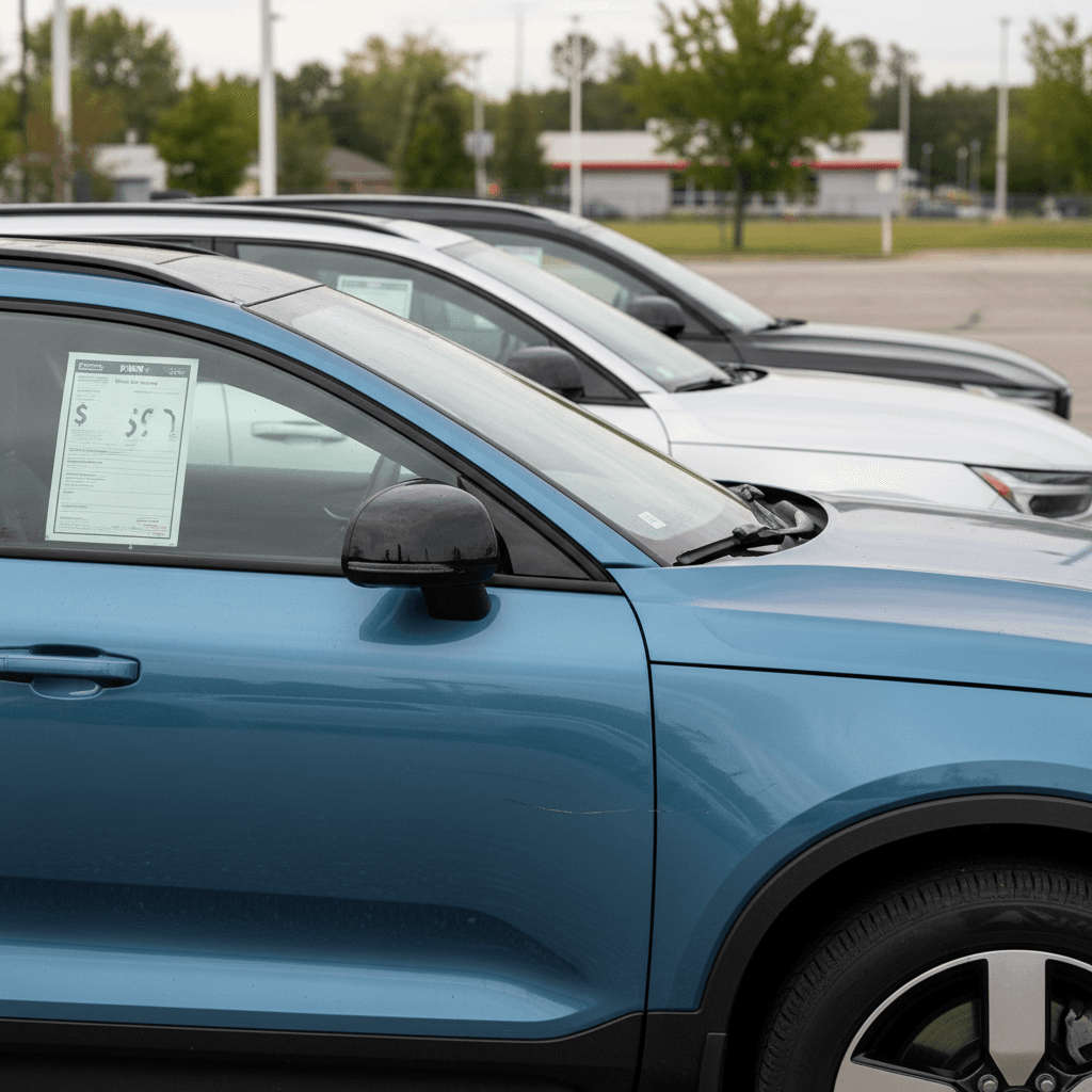 Certified pre-owned Volvo C40 Recharge SUVs on a dealer lot with pricing stickers visible