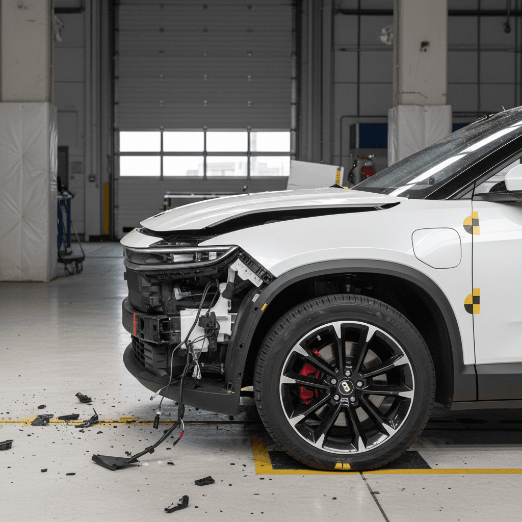 Crash-tested Fisker Ocean SUV in a safety lab, showing controlled damage to front corner after impact