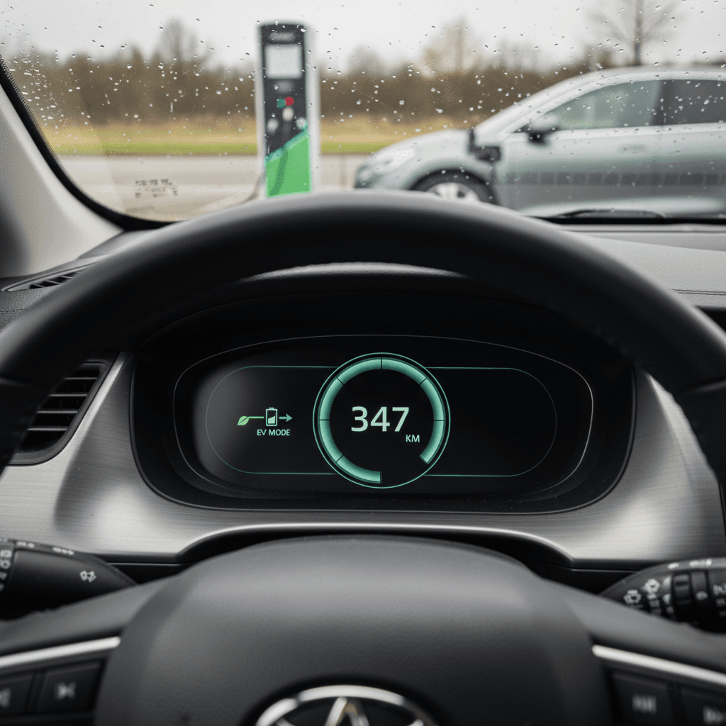Electric car digital dashboard showing remaining driving range on battery