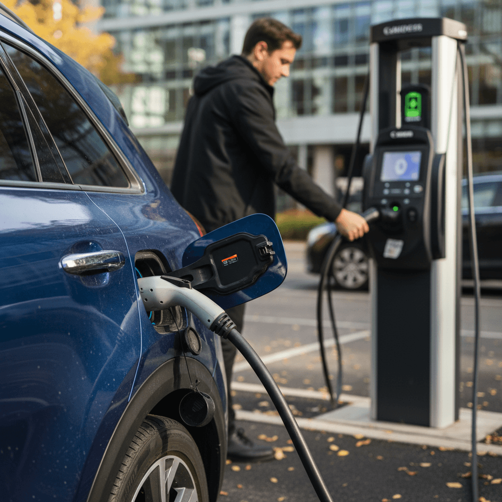 Driver plugging a 2025 Kia Niro EV into a public DC fast charger, cable connected at rear quarter panel