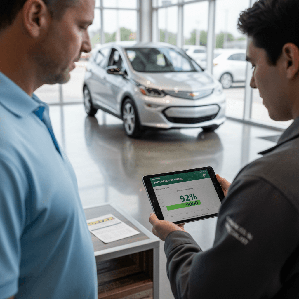 EV specialist and customer reviewing a Chevrolet Bolt EV battery health report on a tablet at a modern showroom in Virginia