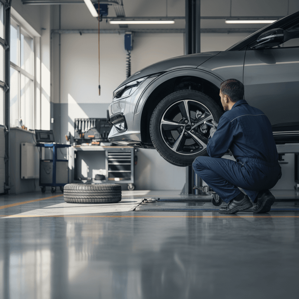 Technician checking a Kia EV6 wheel and brake components on a lift