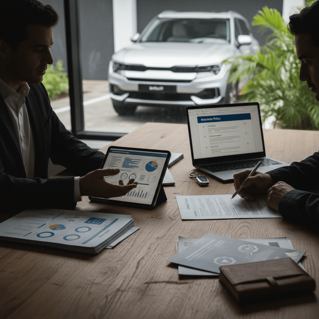 Kia EV9 owner discussing auto insurance options with an agent at a desk