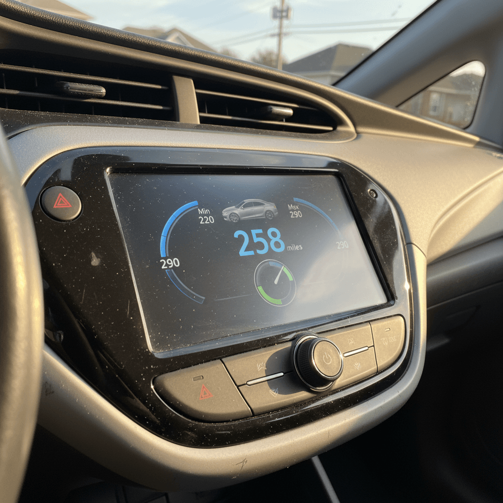 Chevy Bolt-style digital dashboard showing electric efficiency metrics and remaining range