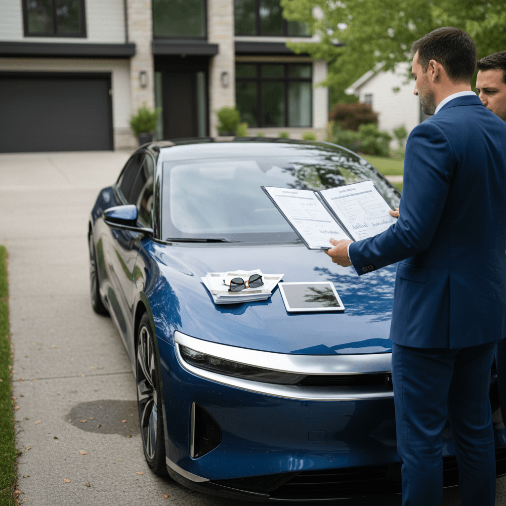 Insurance professional discussing coverage options with Lucid Air owner next to a parked EV in a residential driveway