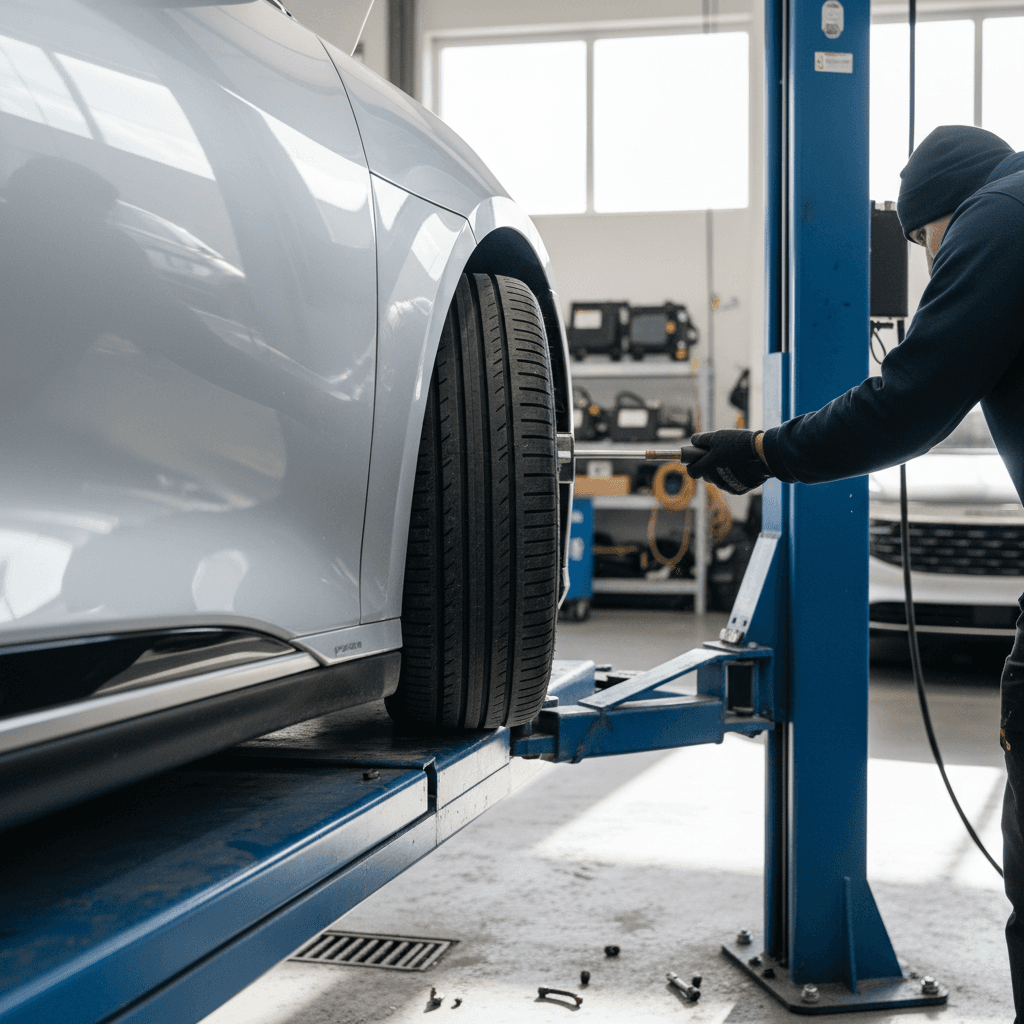 Technician inspecting tread depth on a Lucid Air front tire mounted on a lift