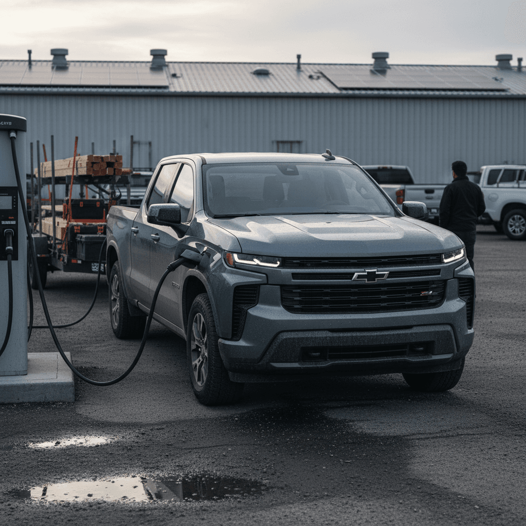 2024 Chevrolet Silverado EV work truck towing a trailer while plugged into a DC fast charger at a jobsite