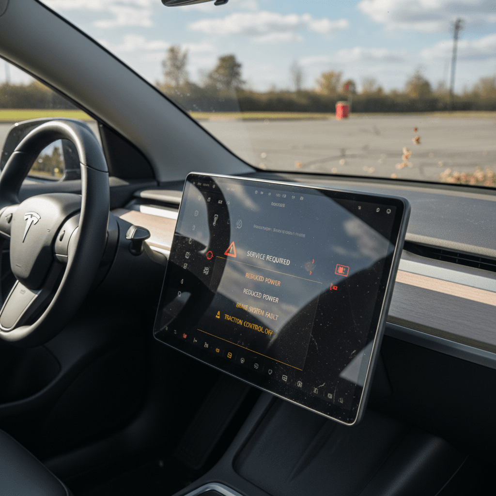 Dashboard of a modern electric SUV showing multiple warning lights and service alerts illuminated