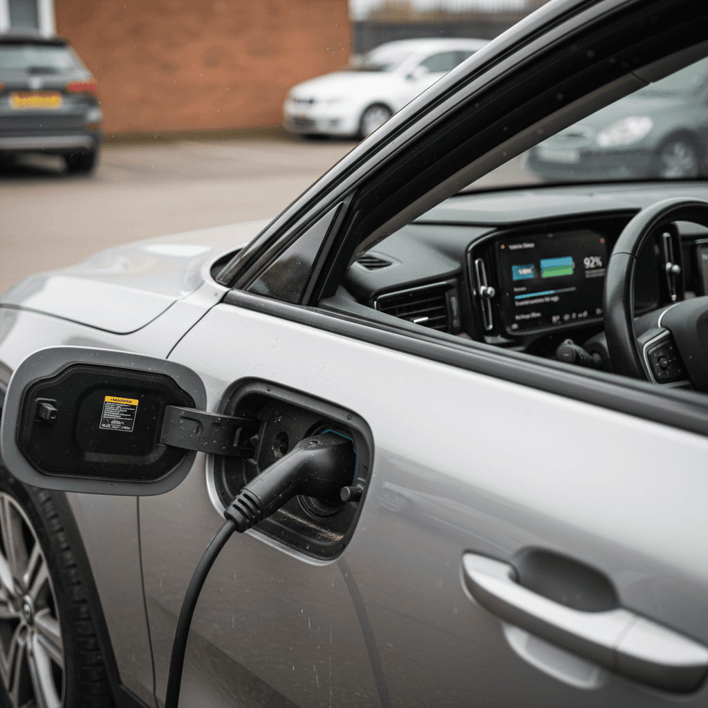 Close-up of a Volvo EX30 charge port and digital screen displaying battery status and range, before selling the vehicle