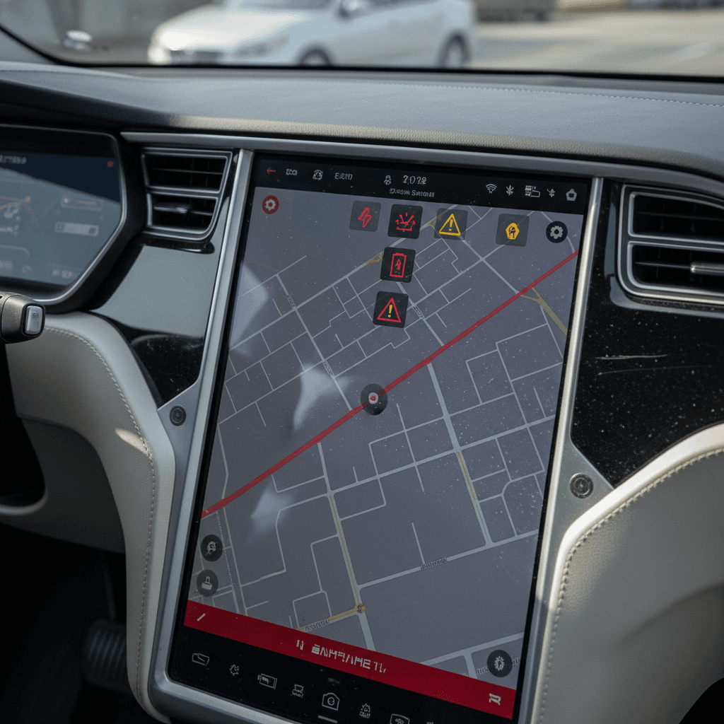Tesla Model X digital instrument cluster showing safety and warning icons after software update
