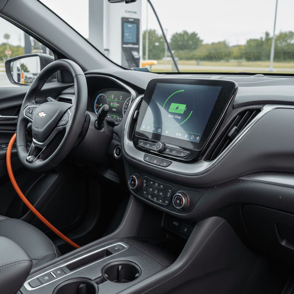 Chevrolet Equinox EV interior with large central touchscreen and digital gauge cluster while plugged into a fast charger