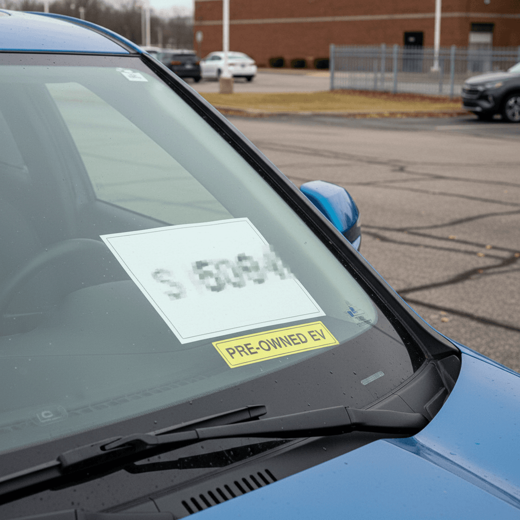 Chevrolet Blazer EV parked on a dealership lot with a visible price tag in the window