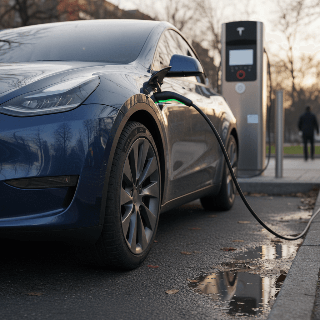 Side view of a 2023 Tesla Model Y Long Range parked at a public charging station