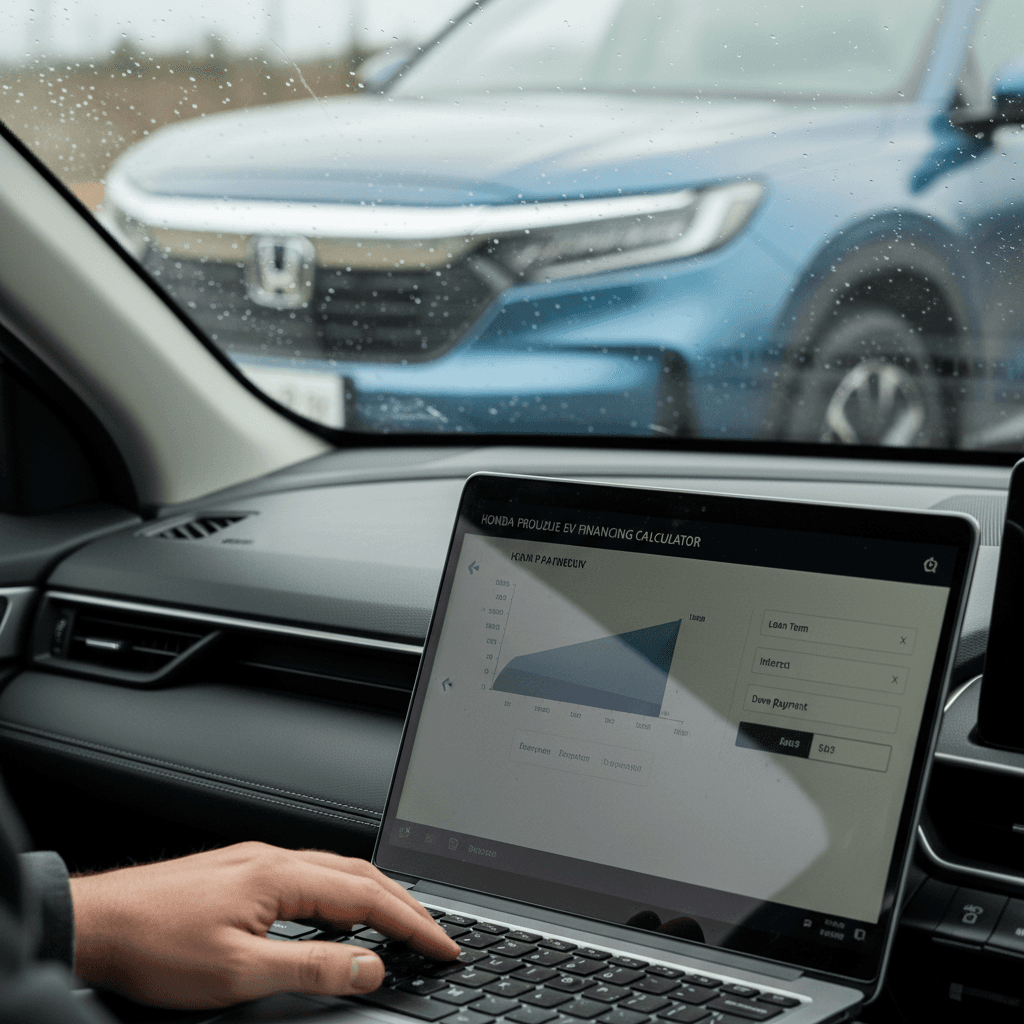 Person using an online car payment calculator on a laptop while an electric SUV sits in the driveway