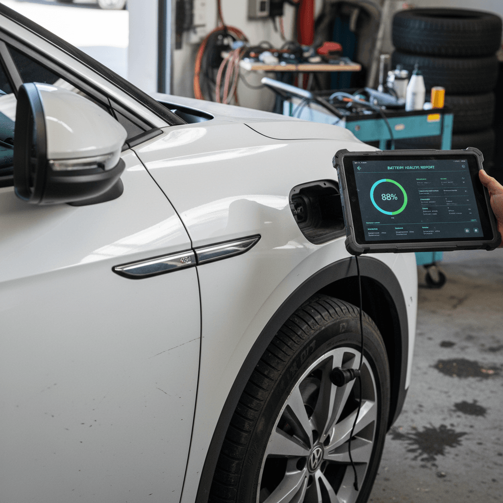 Technician using a tablet to run a battery health check on a used Volkswagen ID.4 before sale