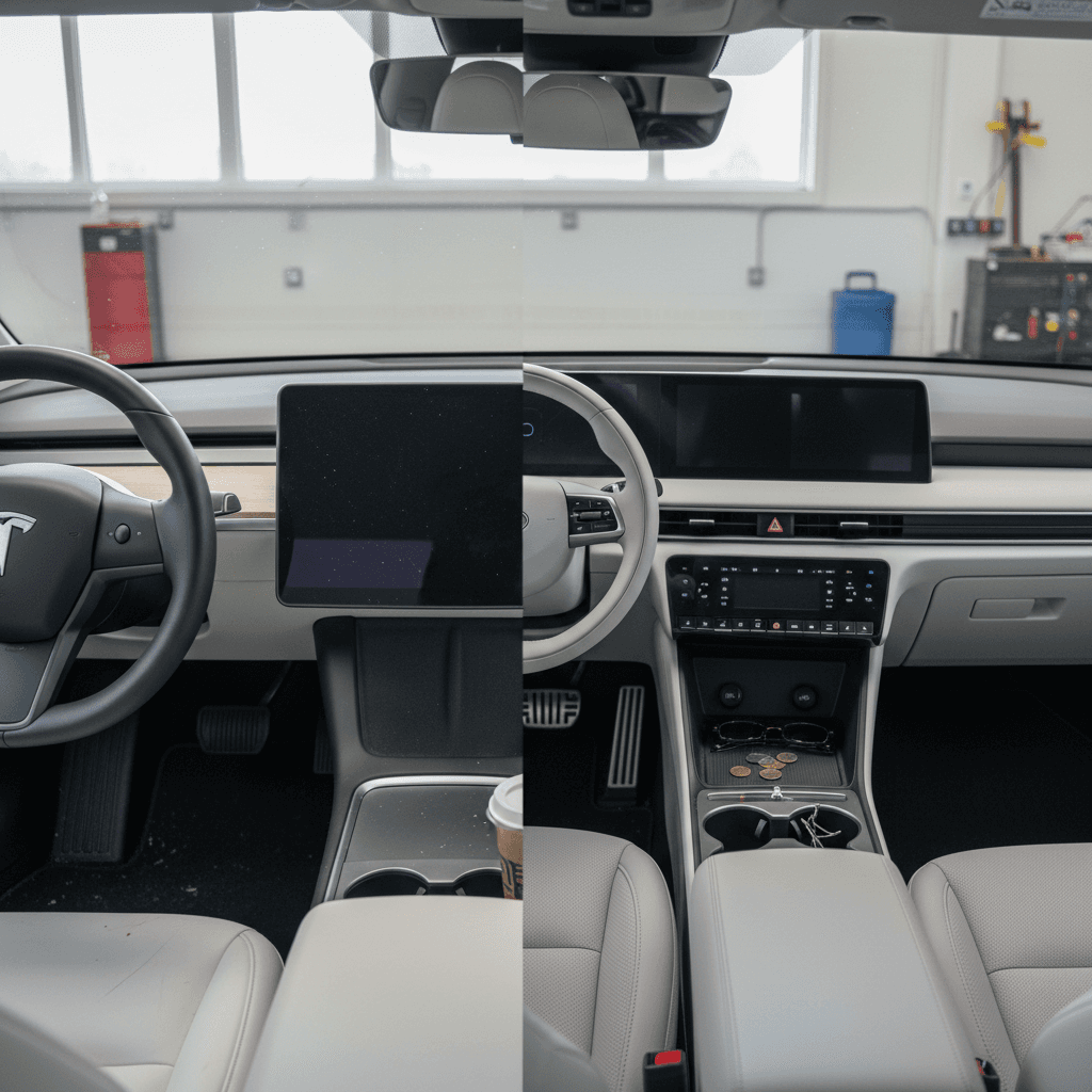 Interior comparison of Tesla Model Y and Hyundai Ioniq 5 dashboards and seating, illustrating differing design philosophies