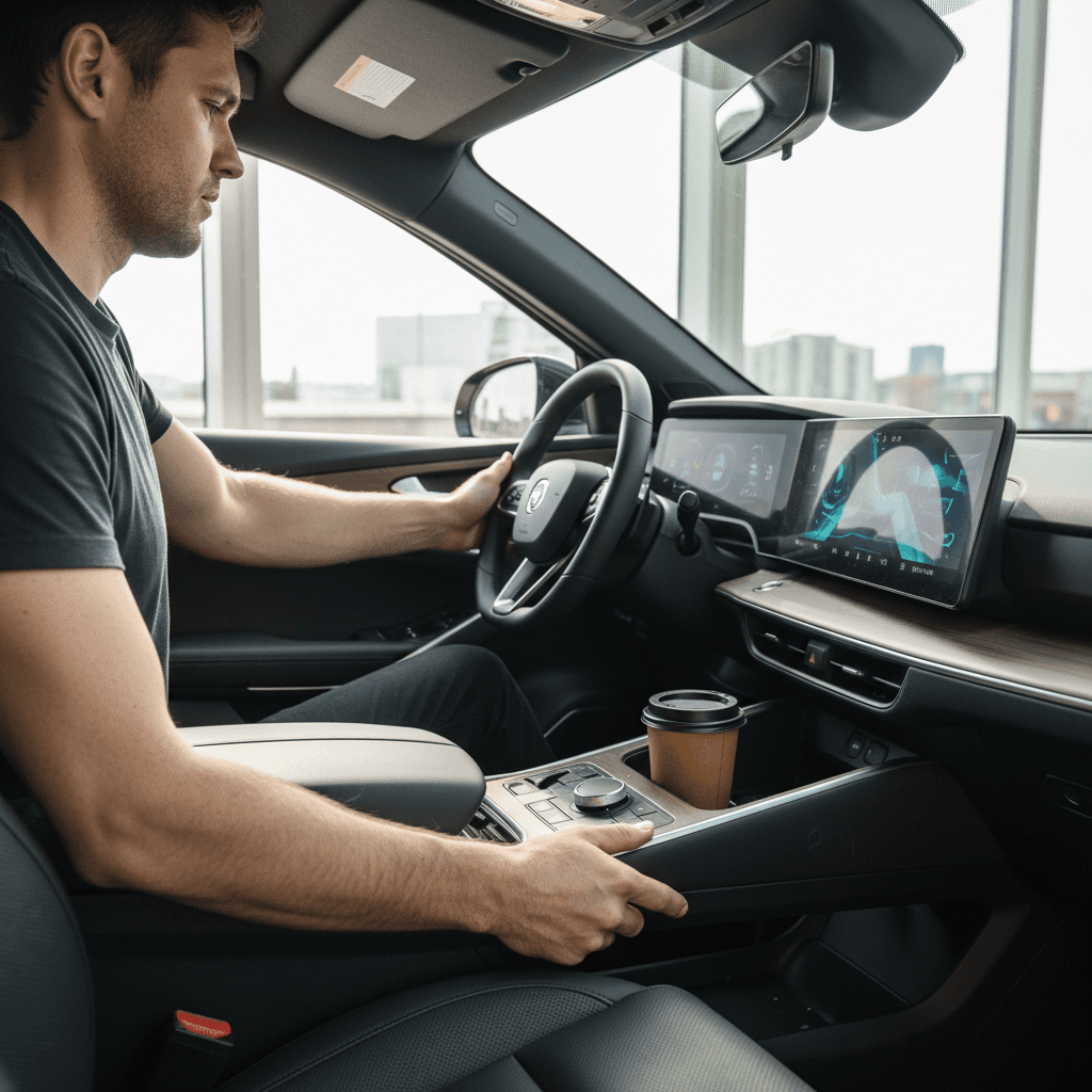 Tall driver adjusting seat and steering wheel in a roomy electric crossover interior