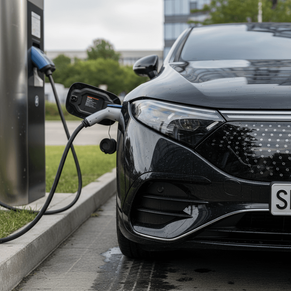 2025 Mercedes EQS plugged into a DC fast charger at a modern station, highlighting the updated front end and charging port