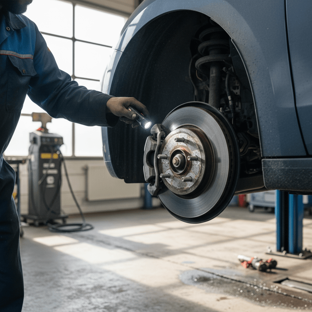 Mechanic inspecting an electric car’s front wheel and tire on a lift
