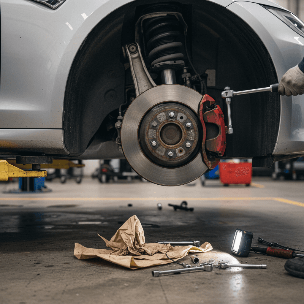 Technician inspecting the front suspension and brakes of a 2021 Tesla Model S on a lift