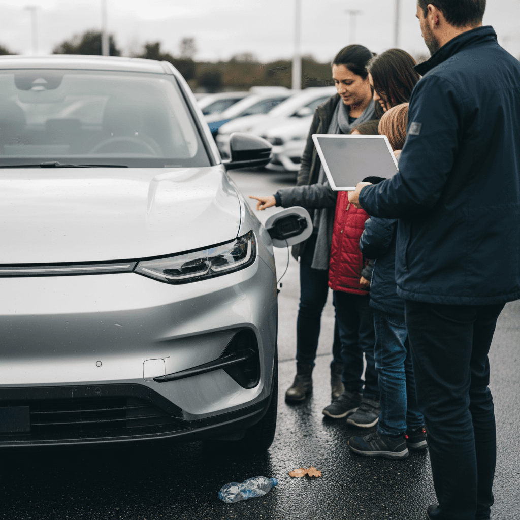 Family and salesperson looking over a used electric SUV in a dealership lot, reviewing details on a tablet